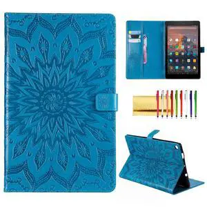 Folio Case for Fire HD 10 (9th/7th/5th Generation, 2019/2017/2015 Release), Techcircle Sunflower Embossed Stand Protective Cover with Card/Cash Holder, for Amazon Fire HD 10.1 Inch Tablet, Blue