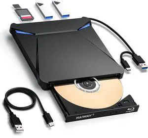 Haiway 5 in 1 External Blu-ray Burner Drive, USB 3.0 & Type-C DVD/CD/Blu ray Burner Writer with SD/TF Card Reader, Supports 100GB Discs R/W for Windows, Linux, macOS (PC/Laptop/Desktop)