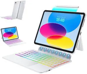 ZEEKWELE Trackpad Keyboard Case for iPad 11th Gen A16 (2025) & 10th Gen 10.9" (2022), 7 Colors Backlit Bluetooth Wireless Magnetic Detachable with Kickstand Keyboard Case, Slim & Lightweight, White