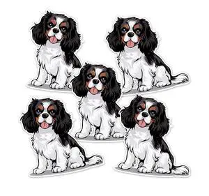 3.5" Tricolor Cavalier King Charles Spaniel Dog Sticker 5 Pack - Black, Brown, & White Cavaliers Puppy Dogs Vinyl Decal Stickers Waterproof Decals (5)