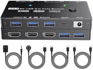 KVM Switch 1 Monitor 2 Computers 8K@60Hz, HDMI KVM Switches for 2 PC Sharing Single Monitor and Keyboard Mouse with Power Adapter, Wired Extend Controller and USB3.0 Cables