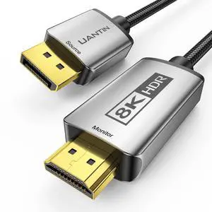 UANTIN 8K DisplayPort 1.4 to HDMI 2.1 Cable 6FT 4K 120Hz/8K 60Hz, Unidirectional DP to HDMI Adapter Cord, 32.4Gbps, HDR10, HDCP2.3, Display Port for AMD, NVIAID, Not Work with PS5/Xbox, No VRR Support