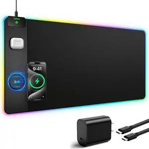 TopMade RGB Gaming Mouse Pad with 15W Wireless Charging, 31.5 x 15.8 XXL Large Desk Mat Home Office Keyboard Pad for Desk, Waterproof Mousepad with 4 Light Modes & 11 RGB Colors, Classic Black
