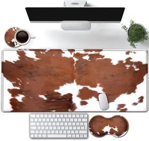 Large Gaming Mouse Pad, Extended Waterproof Desk Pad Protector (31.5" x 11.8") Ergonomics Memory Foam Mouse Wrist Rest Support,for Home Office Laptop Easy Typing,Brown White Cowhide Fur XXL Mouse Mat