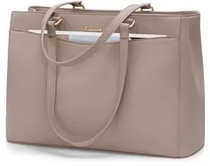 LOVEVOOK Laptop Tote Bag for Women, Work Bags Teacher Tote Bag, Waterproof Leather Computer Bag, Business Laptop Purse Office Handbag Professional Briefcase, Taupe, 17.3 Inch
