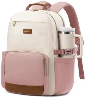 LOVEVOOK Laptop Backpack for Women with Pouch Pocket for Large Capacity Cup,18 Inch Teacher Nurse College Work Backpack Purse,Waterproof Laptop Bag Computer Back Pack for Travel, Beige-Pink-Brown