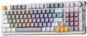 TISHLED Wired Mechanical Gaming Keyboard with Multifunction Volume Knob, 96 Keys Hot Swappable Clicky Blue Switches 26-Key Anti-Ghosting Rainbow LED Backlit Detachable USB A-C Cable, Grey White