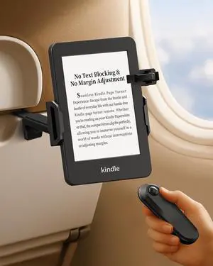 Kindle Travel Stand with Remote Page Turner  Foldable Kindle Holder and Clicker for Hands-Free Reading on Airplanes, Commutes & Camping