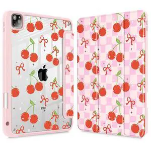 Lepeoac Case for iPad Pro 11 inch (4th, 3rd, 2nd & 1st Gen) 2022 2021 2020 2018, Buit in Pencil Holder with Shockproof Cover Clear Shell + Auto Wake/Sleep,Cherries and Bow