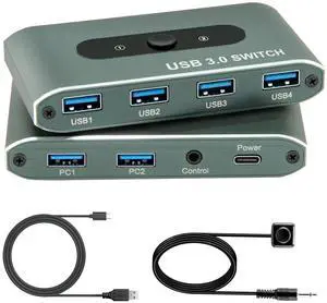 USB 3.0 Switch for 2 Computers, 4 USB Devices, 5Gbps Data Transfer, Driver-Free, Remote Control for Office, Gaming, Printers, Keyboards & Peripherals(SW204)