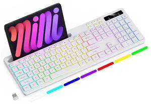 Soueto Wireless Keyboard with 7-Color RGB Backlit, Full-Size Computer Keyboard with Phone Tablet Holder, 2.4G Rechargeable Gaming Keyboard with Light Up Keys, Compatible with Mac, Windows (White)