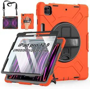 Case for iPad Pro 12.9 2022/2021/ 2020/2018: Cover for iPad Pro 12.9 6th/ 5th/ 4th/ 3rd Generation with Screen Protector- Stand- Pencil Holder- Handle- Shoulder Strap-Orange