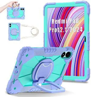YOUULAR Shoulder Strap Tablet Case for Xiaomi Redmi Pad Pro/Poco Pad 5G 12.1 inch, Heavy Duty Shockproof Protective Cover with Kickstand Handle Shoulder Strap for Women Man Lotus Purple Mint Green