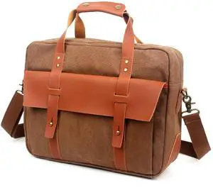 unisex Messenger Bag 15.6 Inch Waterproof Vintage Genuine Leather Waxed Canvas Briefcase Large Leather Computer Laptop Bag Rugged Satchel Shoulder Bag, Brown
