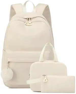 CLOKARS Girls Backpack with Lunch Box, Teens School Bag Laptop Backpack Cute Bookbag for Kids Elementary Middle High School, Beige 3-pack