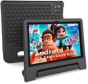 NRKDUBQ Kids Tablet 10.1 inch HD Android 14 Tablets for Kid 64 GB Storage 8GB RAM Octa-Core Processor with EVA Kid-Proof Case, Parental Controls Bluetooth and WiFi, Black