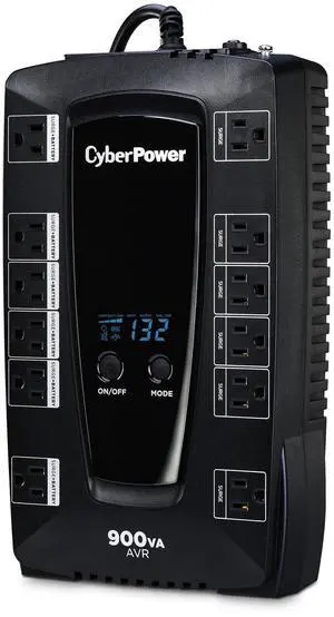 CyberPower AVRG900LCD Intelligent LCD UPS System, 900VA/480W, 12 Outlets, AVR, Compact