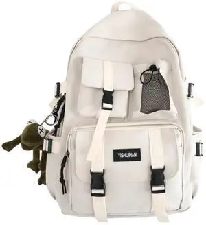 MININAI Aesthetic Backpack with Cute Frog Pendant for Women Men Preppy Laptop Backpack Japanese Harajuku College Backpack (Beige,One Size)