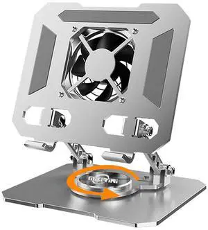 360° Rotating Tablet Desk Stand Holder with USB CoolerCarbon Steel Frame Dual Rod Mount Support for iPad Pro 13 12 11 Air Mini 5 4 3 Samsung Tab E-Reader (Silver with Built-in Cooler)