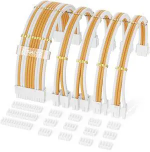 Sirlyr PSU Cable Extension Kit - Premium Sleeved PC Cable Extensions (24Pin ATX×1,8Pin EPS×2/GPU×2) with Metal Pre-Installed Cable Combs for Custom PC Builds Golden White Color