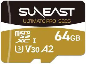 SUNEAST Ultimate Pro microSDXC UHS-I V30 CardUp to 208MB/s Read Speed  S225 Gold SeriesU3 / V30 / C10 / A2 / RoHS/FCC/CE/VCCI Compliant5-Year Manufacturer Warranty(64GB)