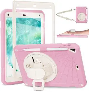 Stweap Case for iPad 6th/5th Generation 9.7'' with Screen Protector Pencil Holder [360 Rotating Hand Strap] &Stand, Drop-Proof Case for iPad 6th/5th/ Air 2/ Pro 9.7-Pink+White