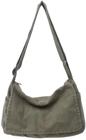 Wxnow Lightweight Canvas Tote Bag for Work Travel, Multi-Pocket Unisex Crossbody 15" Laptop Sleeve Large Shopping Tote (Green)