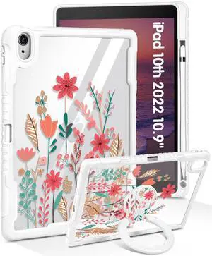 Uppuppy for iPad 10th Generation Case 2022 10.9 Inch, for iPad (A16) 11th Generation 11 Inch 2025 Case - Women Girls Cute with Pencil Holder & Stand Clear Girly Flower Design Protective Hard Cover
