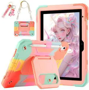 for iPad (A16) 11th Generation 11 Inch 2025/iPad 10th Generation Case 10.9 Inch 2022 with 360 Rotating Grip Magic Stand,Pen Slot/Key Chain/Shoulder Strap,Case for iPad 10th Gen (Colorful Pink)
