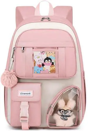 School Backpack for Teen Girls Bookbag: Cute 15.6 Inch Backpacks for Kids Middle High School BookBags Durable Laptop BackPack for Women Student Casual Daypack for Travel Pink Beige