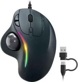PORLEI Wired Trackball Mouse with RGB Lighting, Ergonomic Thumb Control to Reduce Muscle Strain, 5 Adjustable DPI, Dual USB-C & USB-A Connectivity, Compatible with PC, Laptop, Mac, Windows-Black