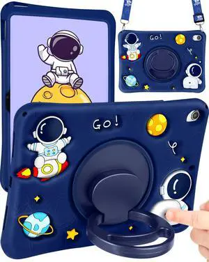 Wazzasoft for iPad A16 Case - for iPad 10th Generation Case Boys Cute Astronaut Cover Kawaii 3D Cartoon Cool with Rotating Handle Stand + Strap Soft Silicone Funda for Apple 10/11th Gen 10.9 Inch