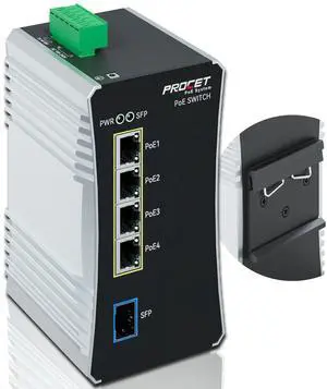 PROCET Gigabit PoE Switch 4-Port Din Rail, 90W/Port, Industrial PoE++ Fiber Media Converter with Wide Temp -40°F to 149°F, SFP Slot, AC/DC Input, IEEE802.3af/802.3at/802.3bt, PT-PIS4PB1S-AC