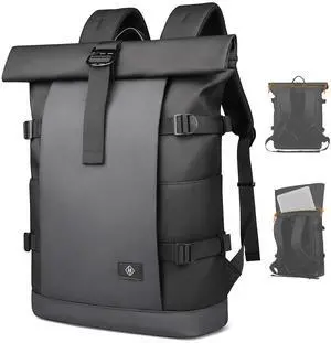 Rolltop Backpack, Expandable Travel Laptop Backpack for Men Women,15.6 Inch Casual Daypack with Computer Compartment,19-28L Water-Resistant Business Backpack Bag for Commute Work College-Grey