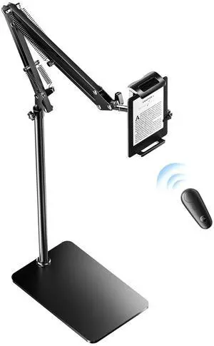 Floor Stand for Kindle with Remote Page Turner, Tablet Stand for Reading in Bed with Clicker  for Kindle Paperwhite, Oasis, iPad, iPhone and More, Black Page Turner