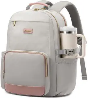 LOVEVOOK Laptop Backpack for Women with Pouch Pocket for Large Capacity Cup,15.6 Inch Laptop Computer Bag Travel Backpack Purse,Waterproof Work Business Backpack College Teacher Bags,Gray-Pink