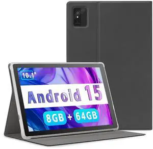 Android Tablet, 10.1 inch Tablet with Case, Android 15 Tablets for Adults, Octa-Core, 8GB RAM 64GB ROM, 1TB Expandable, WiFi 6, GPS, Dual Camera, 5000mAh Battery  Black