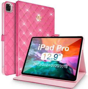 AuroiCCY for iPad Pro 12.9 inch 6th/5th/4th/3rd Case (2022/2021/2020/2018), Girly Woman Cute Crown Elegant PU Leather Bling Diamond Smart Auto Wake/Sleep Stand Flip Cover for iPad Pro 12.9 (Hot Pink)