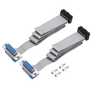 MECCANIXITY 2Pcs 16Pin Flat Ribbon Cable Gray DB15 Female to FC-16P 2.54mm Pitch 50cm Length DB Serial Port Cable for Computer, LED Display, DVD with 4 Screws