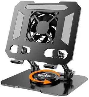 360° Rotating Tablet Desk Stand Holder with USB CoolerCarbon Steel Frame Dual Rod Mount Support for iPad Pro 13 12 11 Air Mini 5 4 3 Samsung Tab E-Reader (Black with Built-in Cooler)