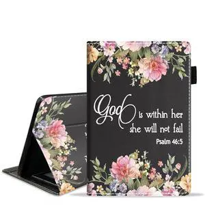 POIUYTREW Case for Amazon Kindle Fire 7 Tablet (7" Display, 9th/7th Generation, 2019/2017 Release) - PU Leather Folio Cover with Smart Auto Wake/Sleep, Floral Quote Bible Verse Psalm 46:5