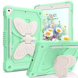 YINLAI for iPad 9th Generation Case, iPad 8th 7th Generation Case, iPad 10.2 Inch Case 2021/2020/2019 with Pencil Holder Butterfly Kickstand Girls Kids Heavy Duty Shockproof Protective Cover, Green
