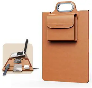 MicroPack Laptop Sleeve with Wireless Charging, Built-in Detachable Accessory Organizer and Metal Handle, Mouse Pad and Stand, Leather Laptop Bag for 15 Inch MacBook/HP/Dell, Watch, Headphones - Brown