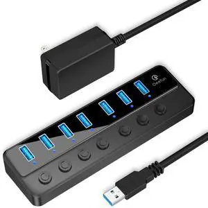 Qeefun Powered USB Hub, 7-Port USB 3.0 Data Extender with Individual LED On/Off Switches and 12V/2A Power Support Port, USB Splitter Expander for Laptop, Desktop PC, iMac and More