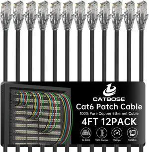 4 Feet Cat6 Patch Cables(12 Pack), Solid Pure Copper Patch Cord, Cat 6 Ethernet Cable, UTP Network, High Speed RJ45 Internet Cables, Compatible for Router, Switche, PC, Server, PS4/5, Xbox - Black