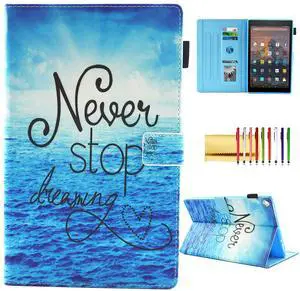 Case for Amazon Fire HD 10 (9th/7th Generation, 2019/2017), Techcircle Multi-Angle Viewing Stand Cute Pattern Slim Folding Leather Protective Cover with Card Slots, Smart Sleep/Wake, Never Stop