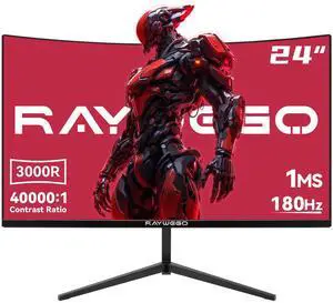 Raywego 24 inch Curved Gaming Monitor 180Hz 1ms,FHD 1920×1080P,4000:1 Contrast Ratio,with FreeSync & Eye-Care Technology, Support DP, HDMI,USB,3.5mm Port for Gaming Home Office,Wall Mount Install