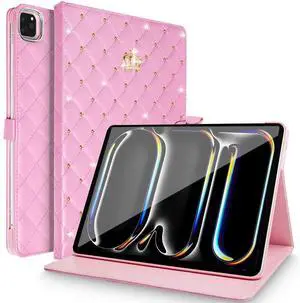 Changjia for iPad Pro 11 Inch Case M4 (2024,5th Generation),iPad Pro 11 Case, Cute Crown Bling Rhinestone Girly Elegant PU Leather Smart Auto Sleep/Wake Stand Protective Case for iPad Pro 11 2024,Pink