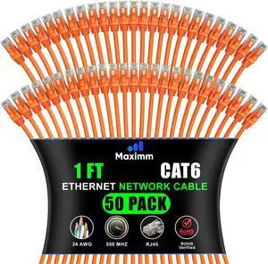 Maximm Cat 6 Ethernet Cable - 1 ft (50-Pack) - High-Speed LAN, Internet, Patch, and Network Cable - UTP, 10Gbps, 550MHz Ethernet Cord - Orange