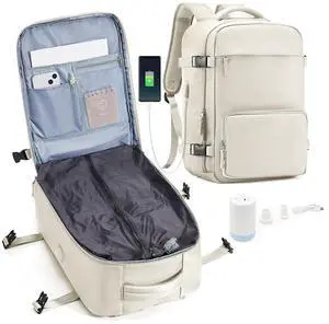 Vacuum Travel Backpack with Pump Vacuum Compression Seal Vacpack Air Backpack Laptop Backpack for Women Men Carry on Backpack Personal Item Travel Bag Luggage Flight Approved Business Back Pack Beige